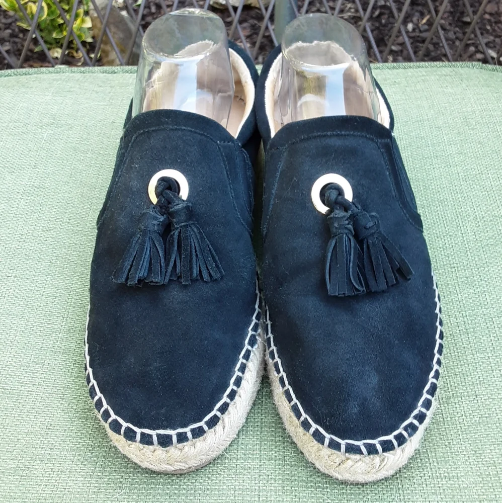 J/Slides NYC Black Suede Espadrille Slip-on Shoe with TasselDetail.
